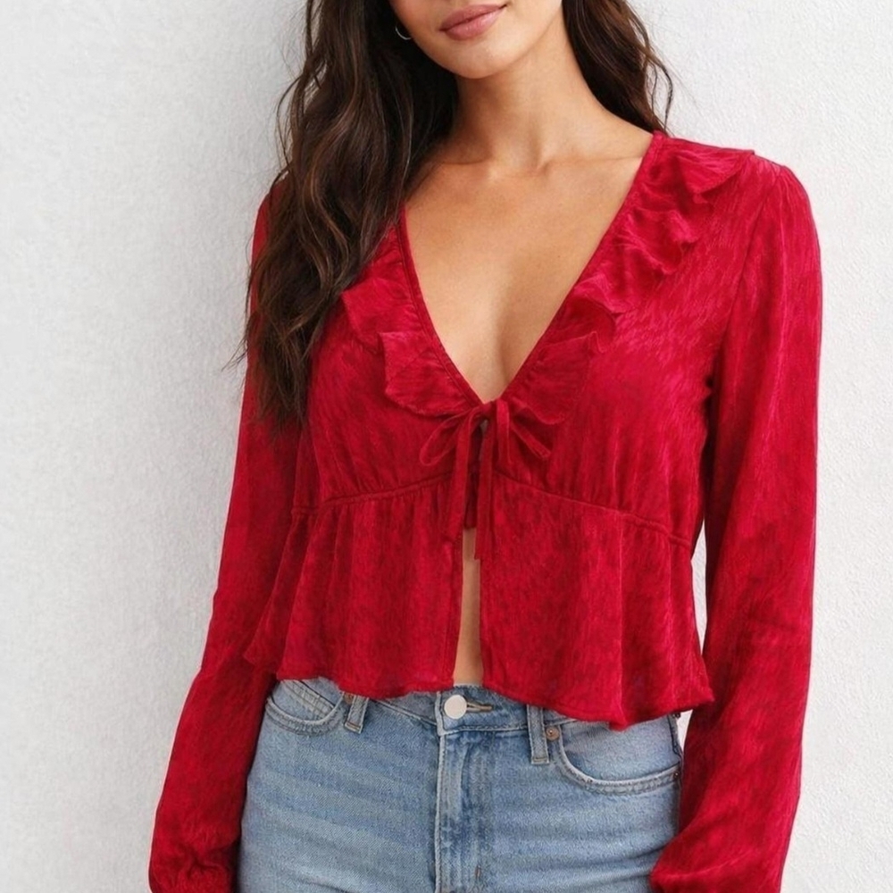No Boundaries Red Ruffled Tie-Front Crop Top
